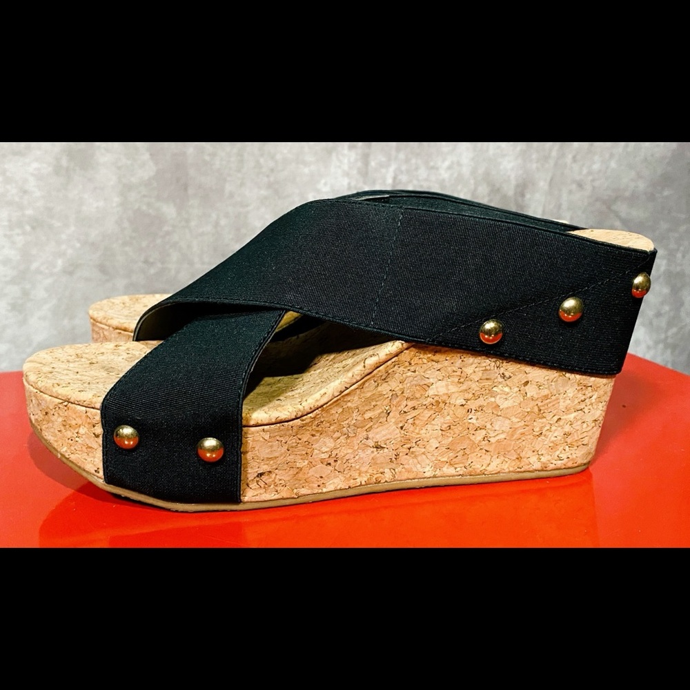 Black Cork Wedge Sandals Size 7.5